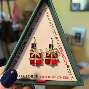 NIB Red Glass Gift Box Earrings with Gold Rhinestone Bow with Ribbon